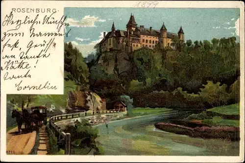 Litho Rosenburg Mold in Niederösterreich, Blick zur Burg, Fluss