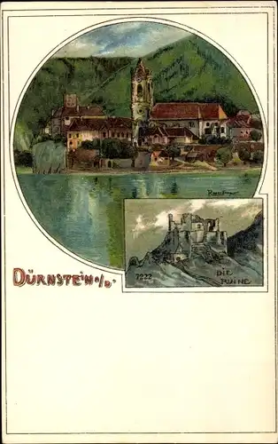 Künstler Litho Rosenburger, Dürnstein in Niederösterreich, Blick auf den Ort vom Wasser aus, Ruine