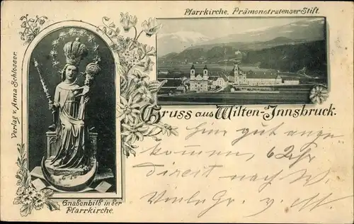 Ak Wilten Innsbruck in Tirol, Stadtpanorama, Gnadenbild der Pfarrkirche