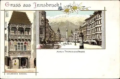 Litho Innsbruck in Tirol, Blick in die Maria Theresien Straße, Litfaßsäule, Goldenes Dachl