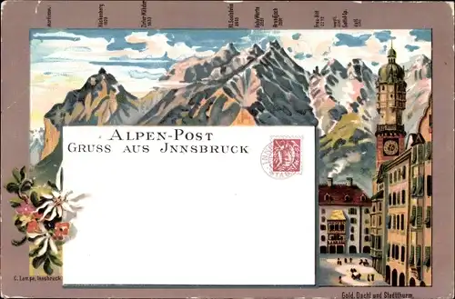 Litho Innsbruck in Tirol, Goldenes Dachl und Stadtturm, Berggipfel