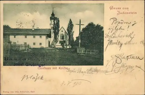 Ak Judenstein Rinn in Tirol, Gasthaus von Josef Grubinger mit Kirche