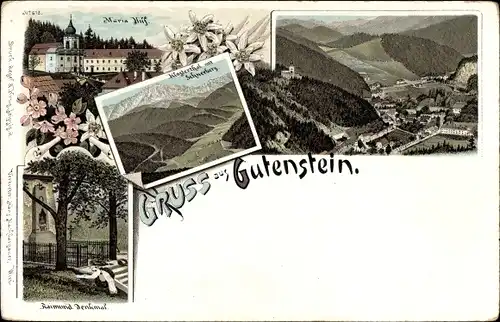 Litho Gutenstein in Niederösterreich, Maria Hilf, Raimund Denkmal, Klostertal, Schneeberg, Totale