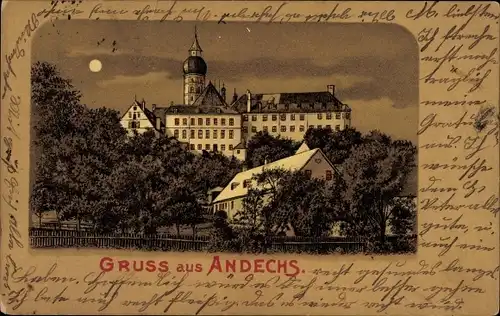 Mondschein Litho Andechs Oberbayern, Blick zum Kloster