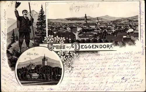 Litho Deggendorf im Bayerischen Wald Niederbayern, Panorama vom Ort, Schloss Egg, Wanderer