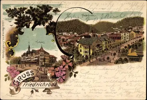 Litho Friedrichroda im Thüringer Wald, Kurhaus, Teilansicht der Stadt