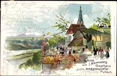 Litho Pullach im Isartal, J. Heppner's Gasthaus zum Rabenwirt