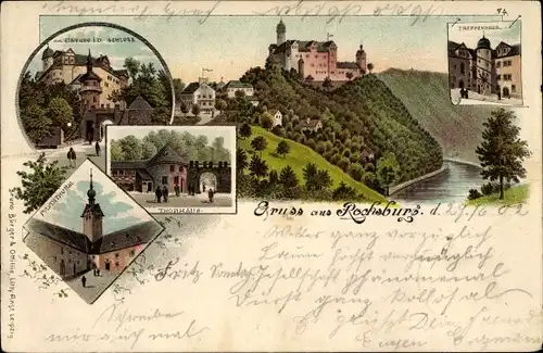 Litho Rochsburg Lunzenau in Sachsen, Eingang in das Schloss, Pulverturm, Torhaus, Treppenhaus