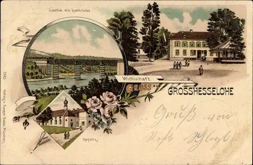Litho Grosshesselohe Pullach an der Isar, Isartal mit Isarbrücke, Kapelle, Wirtschaft