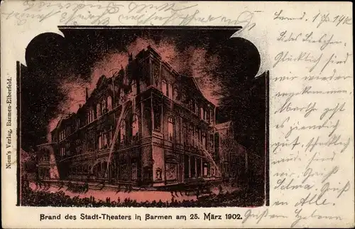 Künstler Ak Barmen Wuppertal in Nordrhein Westfalen, Brand des Stadttheaters 1902, Feuerwehr