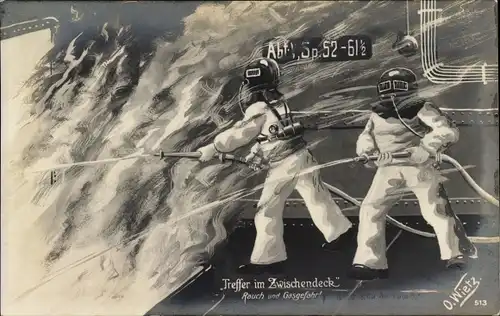 Künstler Ak Wietz, O., Treffer im Zwischendeck, Rauch und Gasgefahr, Brandbekämpfung, Matrosen