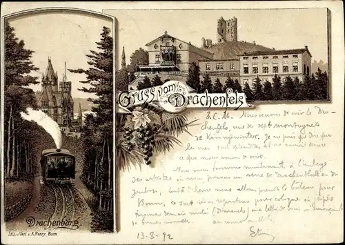 Vorläufer Litho Königswinter im Rhein Sieg Kreis, Drachenfels, Drachenburg, Zahnradbahn