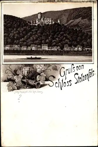 Vorläufer Litho Koblenz in Rheinland Pfalz, Blick auf Schloss Stolzenfels, Weinflasche, Weinglas