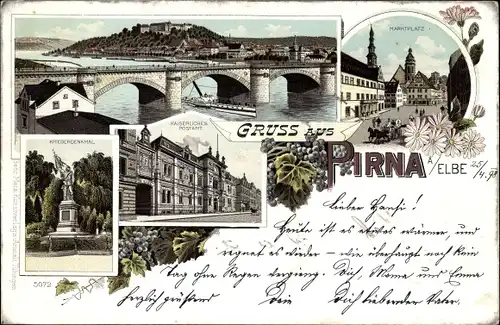 Litho Pirna in Sachsen, Brücke, Kriegerdenkmal, Postamt, Marktplatz