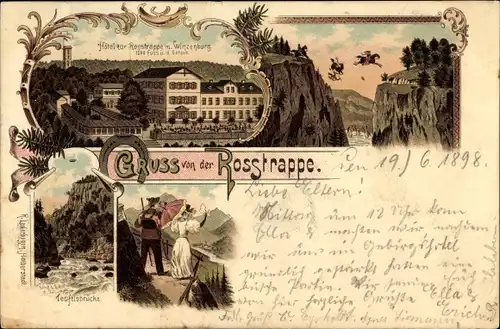 Litho Thale im Harz, Gruß von der Rosstrappe, Hotel, Sprung, Teufelsbrücke