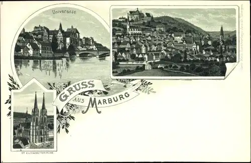 Litho Marburg an der Lahn, Universität, Gesamtansicht, St. Elisabethkirche