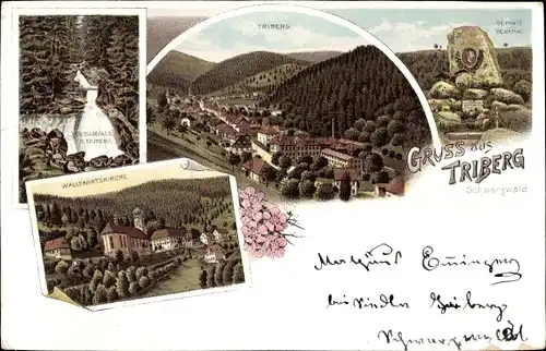 Litho Triberg im Schwarzwald, Wallfahrtskirche, Gerwig Denkmal, Wasserfall