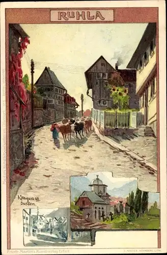 Künstler Litho Stagura, Albert, Ruhla in Westthüringen, Viehtrieb durch den Ort, Rinder, Kirche