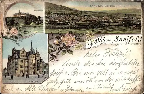 Litho Saalfeld an der Saale Thüringen, Schloss, Rathaus, Panorama vom Ort