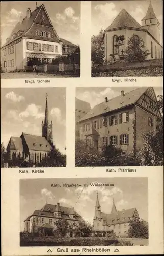 Ak Rheinböllen in Rheinland Pfalz, Evang. Kirche, Kath. Kirche, Kath. Pfarrhaus, Waisenhaus