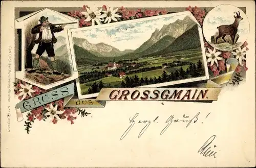 Litho Großgmain in Salzburg, Totalansicht, Jäger, Gämse