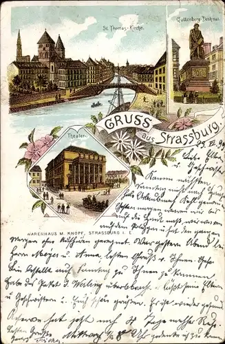 Litho Strasbourg Straßburg Elsass Bas Rhin, St. Thomas Kirche, Guttenberg Denkmal, Theater