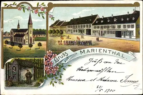 Litho Marienthal Haguenau Hagenau Elsass Bas Rhin, Kirche, Markt, Hotel und Restauration zum Engel