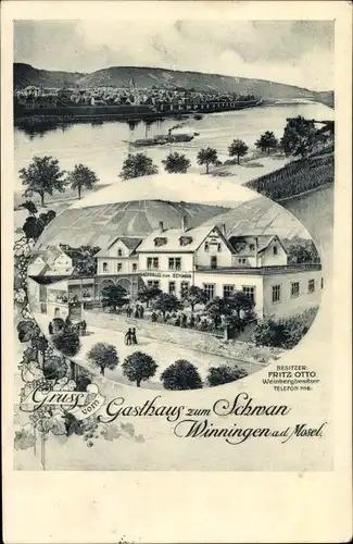 Künstler Ak Winningen an der Mosel, Gasthaus zum Schwan, Inh. Fritz Otto, Panorama