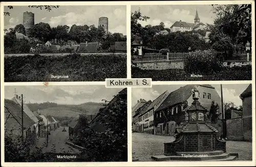 Ak Kohren Sahlis in Sachsen, Burgruine, Kirche, Marktplatz, Töpferbrunnen