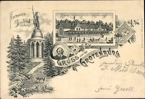 Litho Detmold in Nordrhein Westfalen, Grotenburg, Hermannsdenkmal, Gasthof C. Reineke, E. Bandel