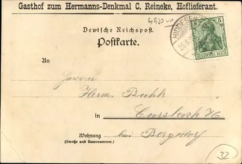 Litho Detmold in Nordrhein Westfalen, Grotenburg, Hermannsdenkmal, Gasthof C. Reineke, E. Bandel