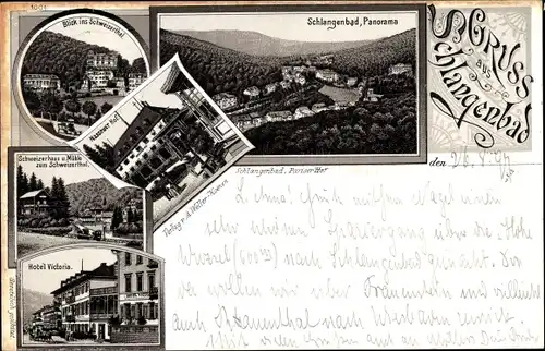 Litho Schlangenbad im Taunus Hessen, Schweizerhaus, Hotel Victoria, Nassauer Hof