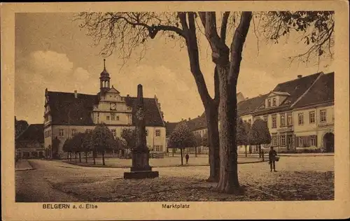 Ak Belgern Schildau in Nordsachsen, Marktplatz, Rathaus, Denkmal