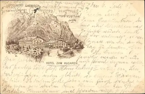 Litho Garmisch Partenkirchen in Oberbayern, Hotel zum Husaren, Außenansicht, Berg, Kirche