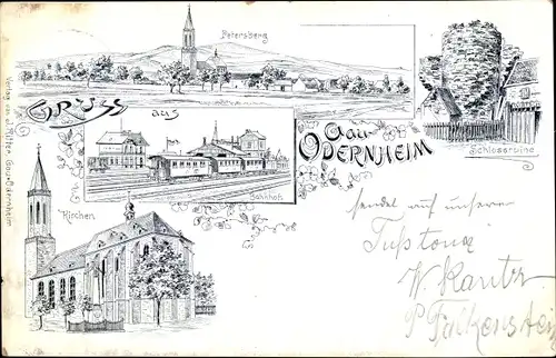 Litho Gau Odernheim Rheinland Pfalz, Petersberg, Schlossruine, Bahnhof, Kirche