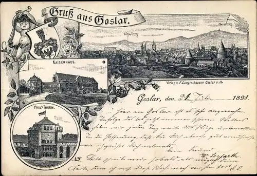 Litho Goslar in Niedersachsen, Kaiserhaus, Pauls Turm, Panorama