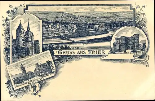 Litho Trier in Rheinland Pfalz, Dom, Porta Nigra, Marktplatz, Panorama vom Ort