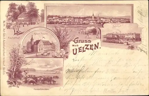Litho Uelzen in Niedersachsen, Fischerhof, Postamt, Haidschnucken, Bahnhof