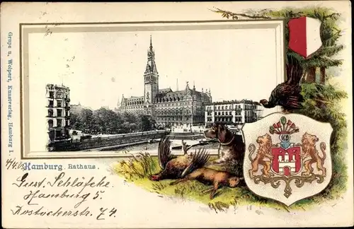 Präge Passepartout Wappen Ak Hamburg, Rathaus, Gesamtansicht, Alsterpartie