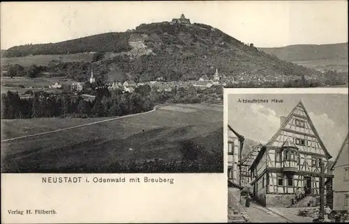 Ak Neustadt Breuberg Hessen, Panorama vom Ort mit Breuberg, Altdeutsches Haus