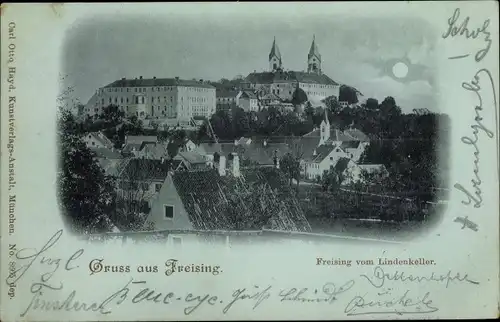 Mondschein Ak Freising in Oberbayern, Blick auf die Stadt vom Lindenkeller