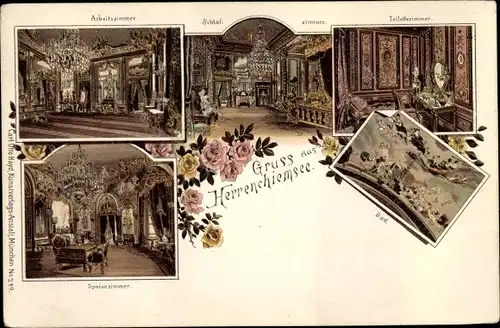 Litho Herrenchiemsee Chiemsee in Oberbayern, Schloss, Arbeitszimmer, Speisezimmer, Bad