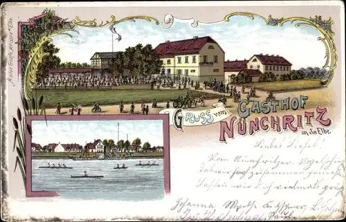 Litho Nünchritz an der Elbe, Gasthof, Ruderboote auf dem Fluss