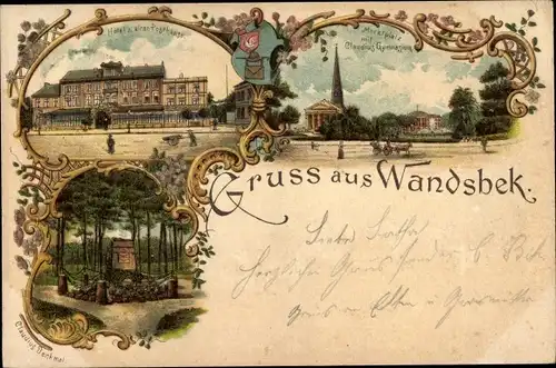 Litho Hamburg Wandsbek, Hotel zum alten Posthaus, Marktplatz, Gymnasium, Denkmal