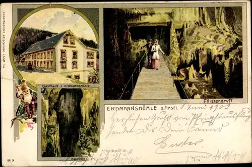 Litho Hasel in Baden, Erdmannshöhle, Fürstengruft, Gasthaus, Kapelle