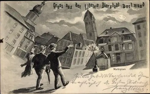 Künstler Ak Dortmund im Ruhrgebiet, Marktplatz, betrunkene Männer