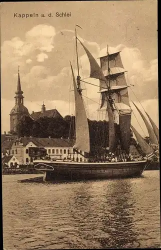 Ak Kappeln an der Schlei, Segelschiff im Hafen, Kirche, Wohnhäuser