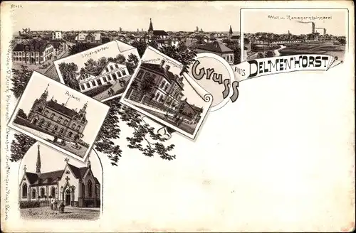 Litho Delmenhorst in Niedersachsen, Woll- und Kammgarnspinnerei, Tiergarten, Postamt