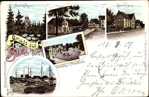 Litho Burg in Dithmarschen, Aussichtsturm, Gemeindehaus, Marktplatz, Postgebäude