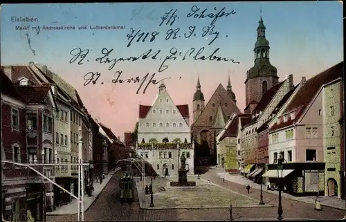 Ak Lutherstadt Eisleben, Markt, Andreaskirche, Lutherdenkmal, Straßenbahn